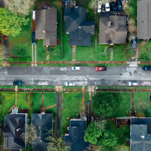 Aerial view of a tree-lined Midwest residential neighborhood street